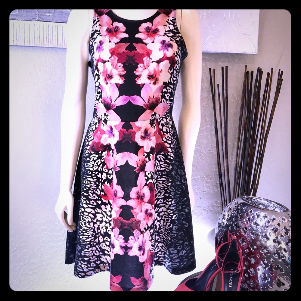 H&M Multicolored Fit and Flare Midi Dress Sleeveless Scoop Neck